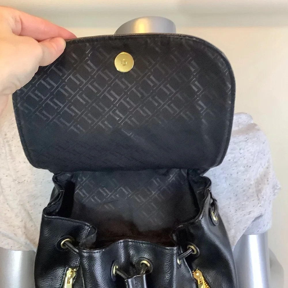 Faux Leather Black Drawstring Backpack Bucket Shoulder Bag